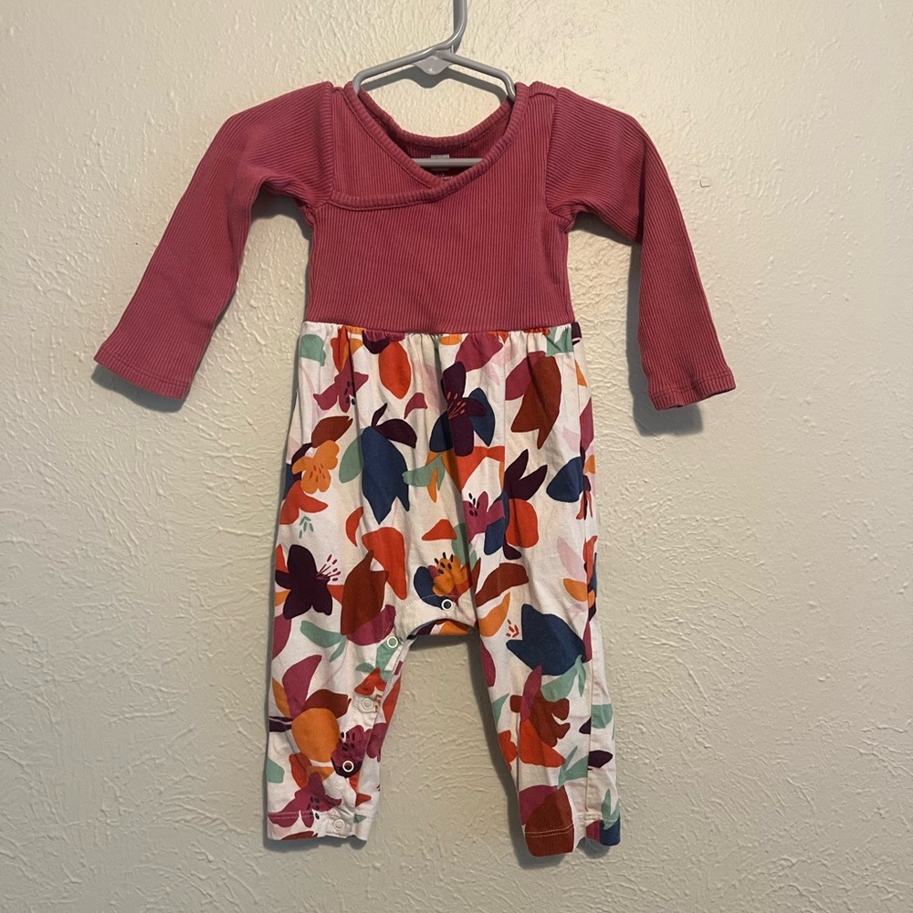 Tea Collection Romper Longall Girl's 6-9 Months Floral Rib Wrap Front Mauve Pink